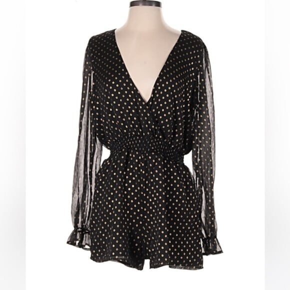 NWT Lulus Evening Gold Dot Chiffon Black Romper - Picture 3 of 6